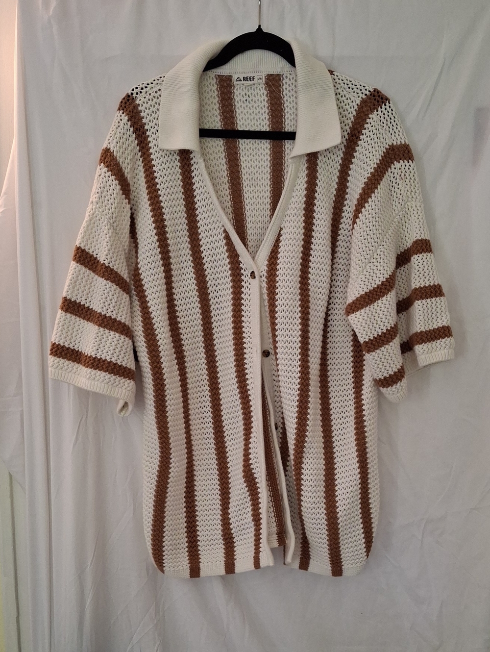 Reef Cream and Brown Striped Open-Knit Cardigan